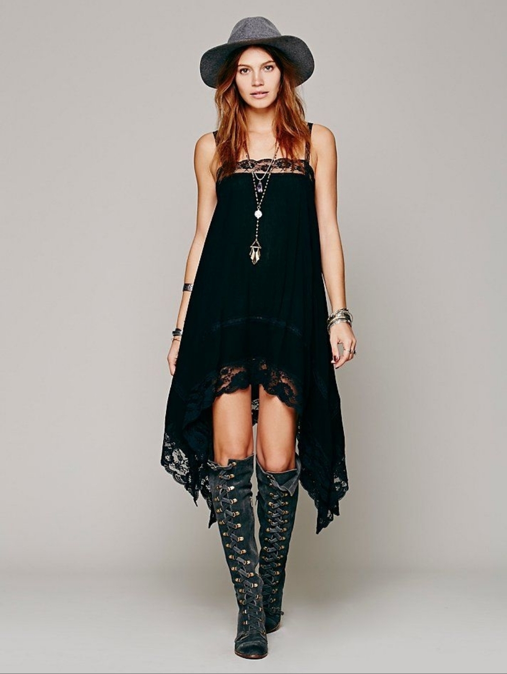 Intimately Free People Squared Away Slip Dress - Black Lace-Trim Size Medium